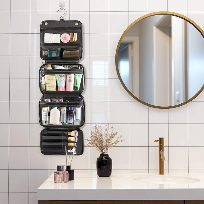Elviros Hanging Toiletry Bag Removable Travel Bag PU leather Makeup Cosmetic Organizer Kit, Black