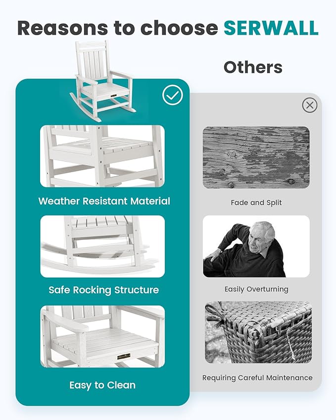 SERWALL Outdoor Rocking Chair Set of 2, HDPE Patio Rocking Chair All-Weather Porch Rocker for Balcony, Yard, White