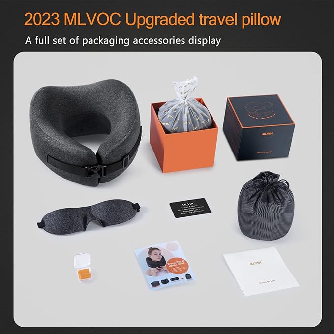 MLVOC Travel Pillow Memory Foam Neck Pillow, Adjustable Comfort Breathable Cover, Airplane Travel Set with 3D Sleep mask, Earplugs Box, for Airplane, Car, Office, Home (Full Black)
