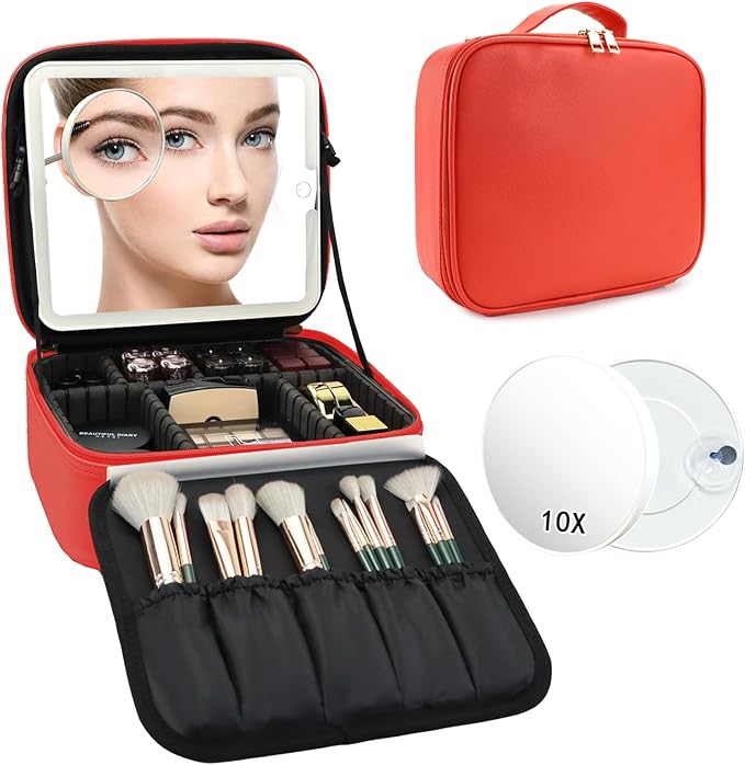 Travel Makeup Bag with LED Mirror and 10x magnifying glass with 3 Lighted Settings, Adjustable Dividers and Makeup Brush Storage Bag Red