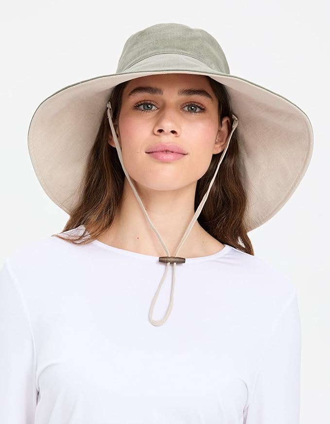 Solbari Women’s Ultra-Wide Cotton Linen Sun Hat UPF 50+, Packable, Adjustable with Ponytail Hole for Travel, Beach & Outdoors