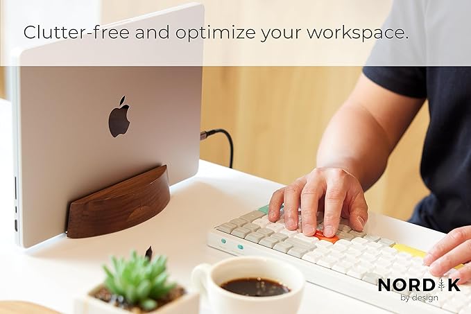 Nordik Adjustable Vertical Laptop Stand - Walnut - Premium Laptop Holder for Home Office, Software Engineers - Space Saving Desk Laptop Dock - Stable Non-Slip Wood Stand - MacBook Pro