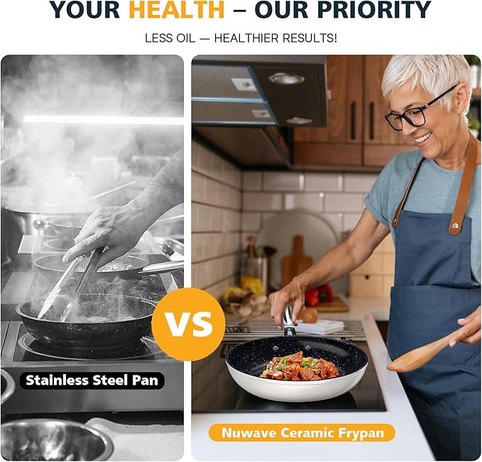 Nuwave 3-Piece 8”, 10”, 12” Forged Lightweight Frying Pan Set, G10 Healthy Duralon Blue Ceramic Ultra Non-Stick, Ergonomic Stay-Cool Handles, Induction-Ready & Works on All Cooktops