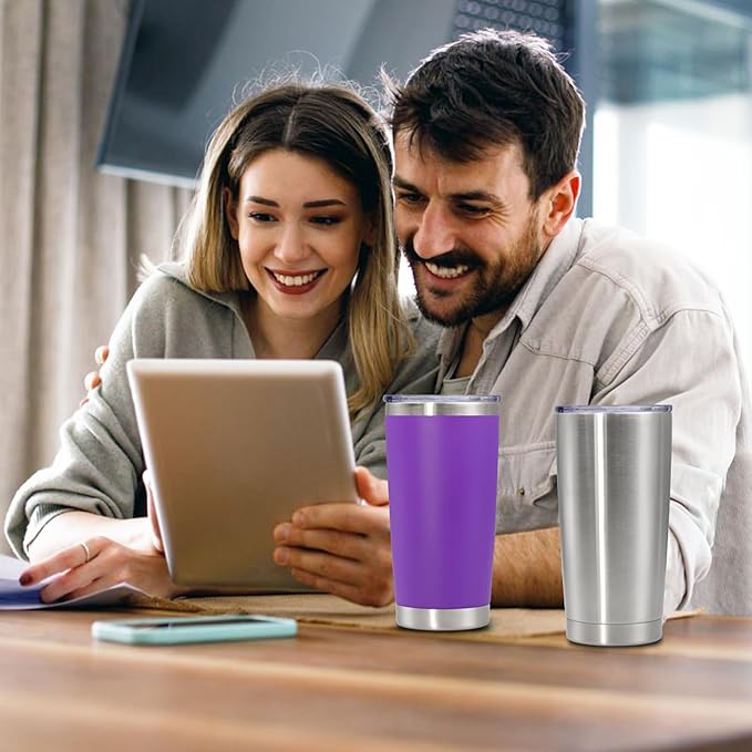 20 oz Tumbler with lid Double Wall Vacuum Insulated Tumblers Stainless Steel Coffee Mug Travel Coffee Tumbler Powder Coated Tumbler Cup Keep Hot&Cold - (Stainless 12 Pack)