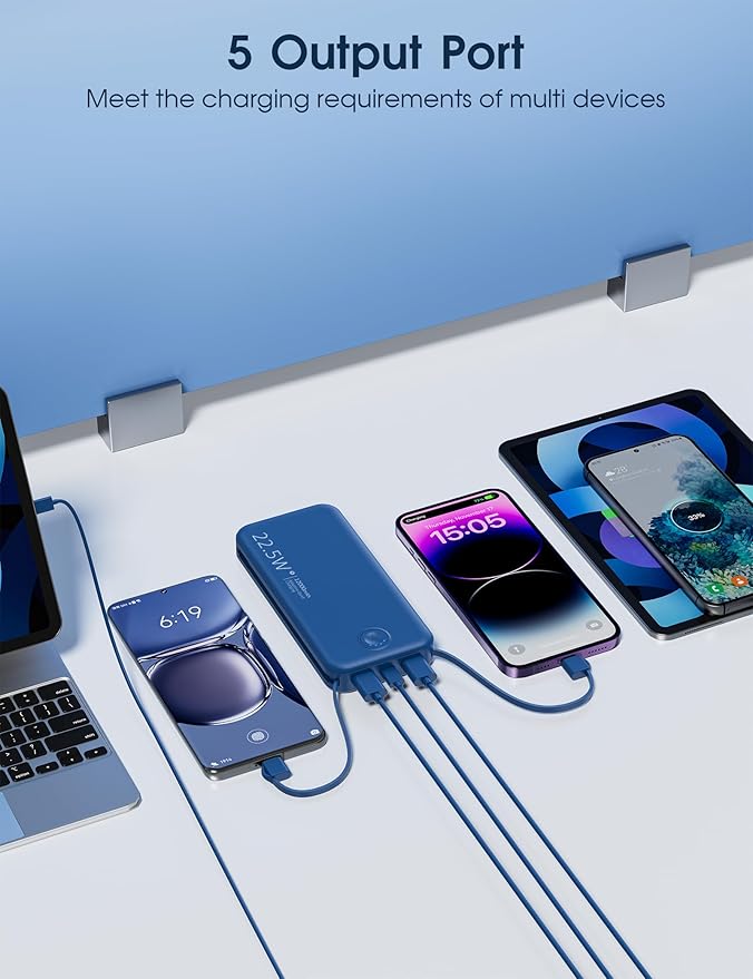 Portable Charger with Built in Cable and AC Wall Plug, USB C Power Bank 12000mAh 22.5W Super Fast Charging, Lightweight Portable Phone Charger Travel Battery Pack for iPhone, Samsung, Tablets (Navy)
