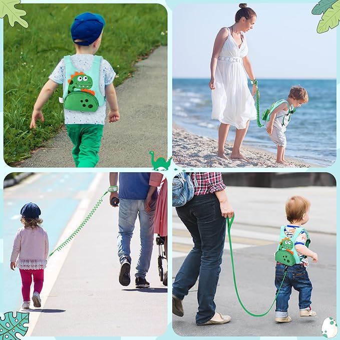 Dr.meter 3 in 1 Toddler Harness Leash + 8.2ft Anti Lost Wrist Link, Cute Dinosaur Kids Safety Harness Tether with Key Lock, Child Protective Leashes While Walking for Outdoor Activity Keep Kids Close