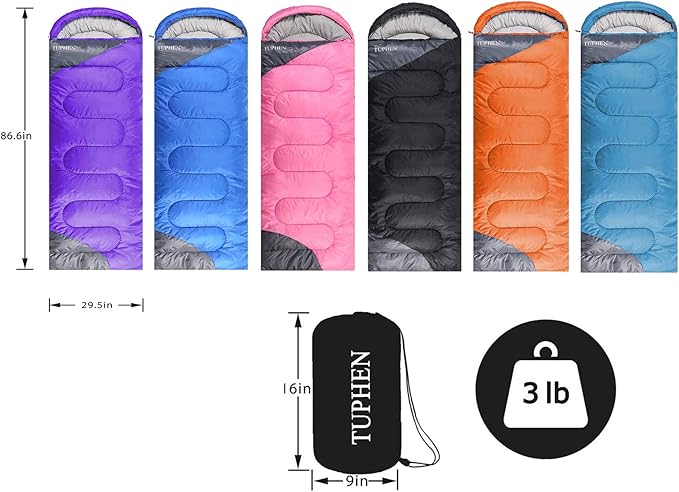 tuphen- Sleeping Bags for Adults Kids Boys Girls Backpacking Hiking Camping Microfiber Liner, Cold Warm Weather 4 Seasons Indoor Outdoor Use, Lightweight & Waterproof