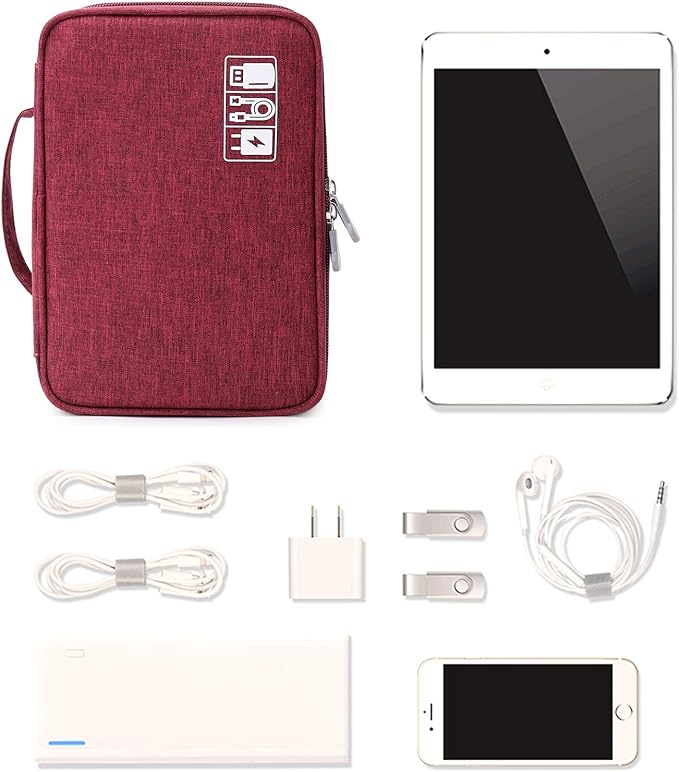 Travel Cable Organizer Bag, Electronic Accessories Case Portable Double Layer Cable Storage Bag for Cord,phone,Charger, Flash Drive, Phone, SD Card,Personal Items - (Red)
