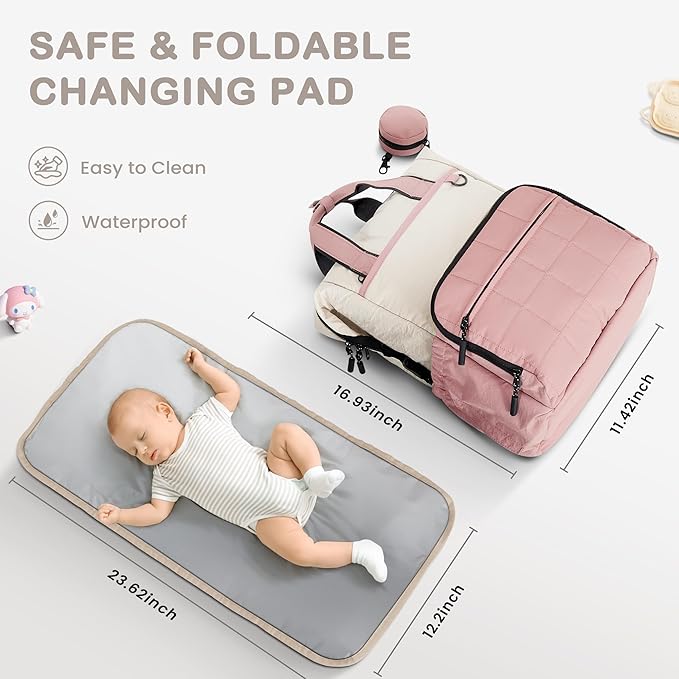 VONAL Diaper Bag Backpack, Lightweight Baby Diaper Bags, Travel Large Diaper Bag with Changing Station, Pink Diaper Backpack for Boys Girls Newborn with Insulated Pockets, Stroller Straps