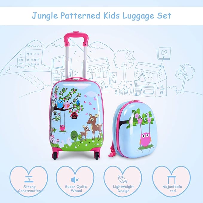 HONEY JOY Kids Luggage, 12” Travel Backpack & 16” Hard Shell Toddler Suitcase, Children Rolling Luggage with Wheels, Retractable Handle & 4 Casters, 2Pcs Carry On Luggage Set for Boys Girls(Deer)