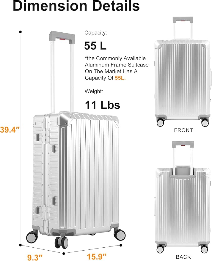 Mvst Luggage Premium All Aluminum Magnesium Carry On 20'' Lightweight Metal,Suitcase with Spinner Wheels Built-in Toiletry Set, Luggage Protector(silvery) (Silver, 24inch)