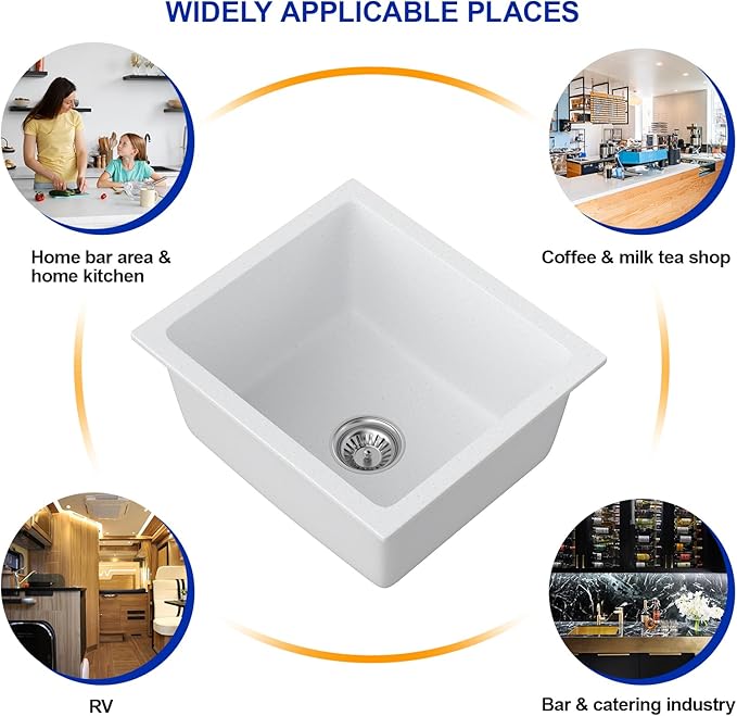 Dcolora 18 Inch Undermount Small Bar Sink Single Bowl Kitchen Sink White Granite Composite Wet Bar Sinks 18"W×16"D×9"H,DC-GUW002