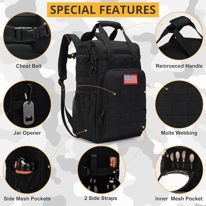 Tactical Backpack Cooler,Lunch Backpack for Men Adults Work with Handle,Soft Cooler Backpack Insulated Waterproof Leak Proof