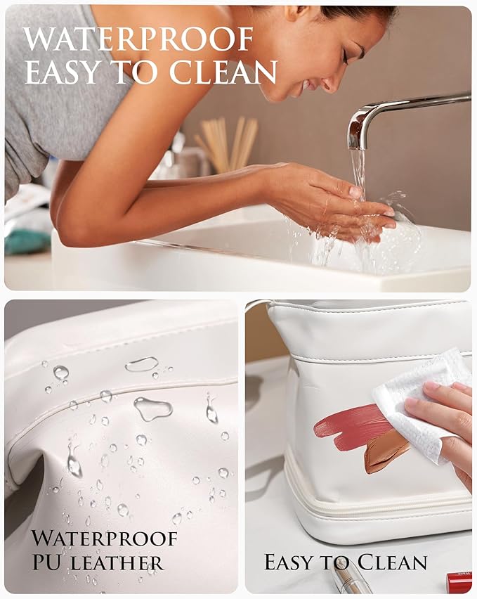Initial Makeup Bags, Friend Gifts, Personalized Double Layer Cosmetic Bag with Makeup Brush Organizer, Waterproof, Large Capacity PU Leather Travel Toiletry Bag, Birthday Gifts for Girls