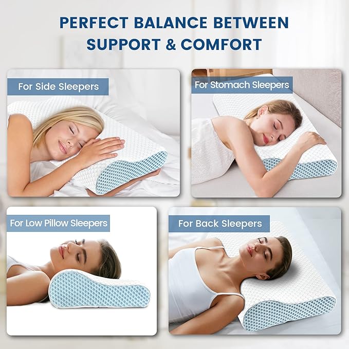 Neck Pillow Contour Memory Foam Pillows for Pain Relief Bed Pillow for Sleeping, Ergonomic Pillow for Neck and Shoulder Pain, Orthopedic Cervical Pillow for Side Back Stomach Sleeper(White&Blue)