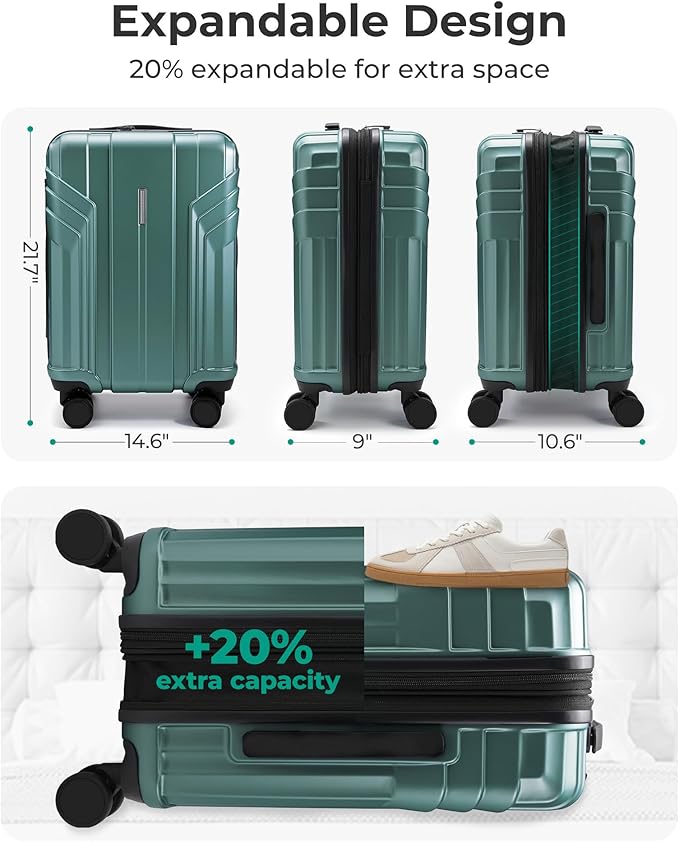 BAGSMART Expandable Carry On Luggage 22x14x9 Airline Approved, 1OO% PC Lightweight Hard Shell Suitcase, 20 Inch Travel Luggage with Spinner Wheels,Carry on Olive Green