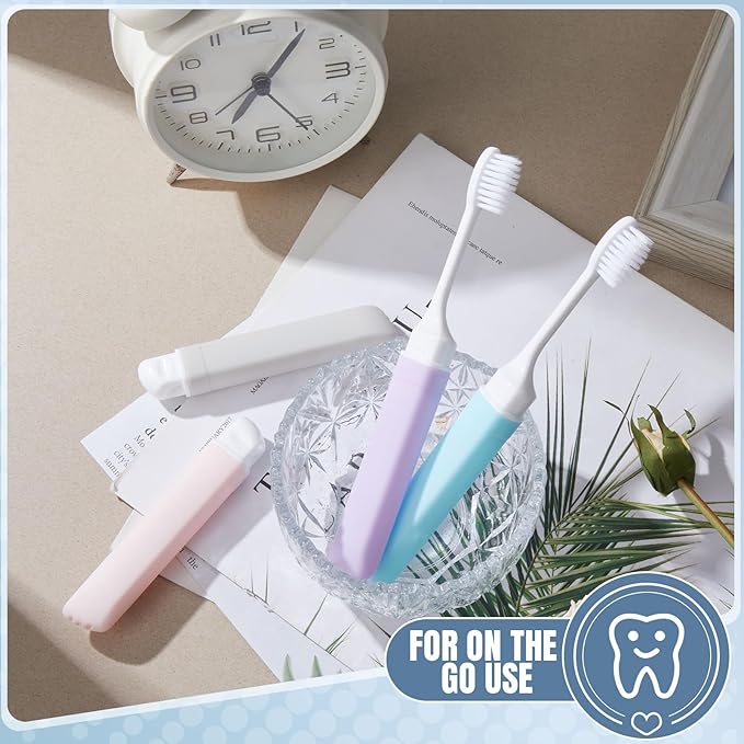 Patelai 4 Pieces Travel Toothbrush Set, Soft Bristle Mini Foldable Tooth Brush with Case, Individually Wrapped Small Portable Travel Size Toiletries Stuff for Camping (Macaron Color)