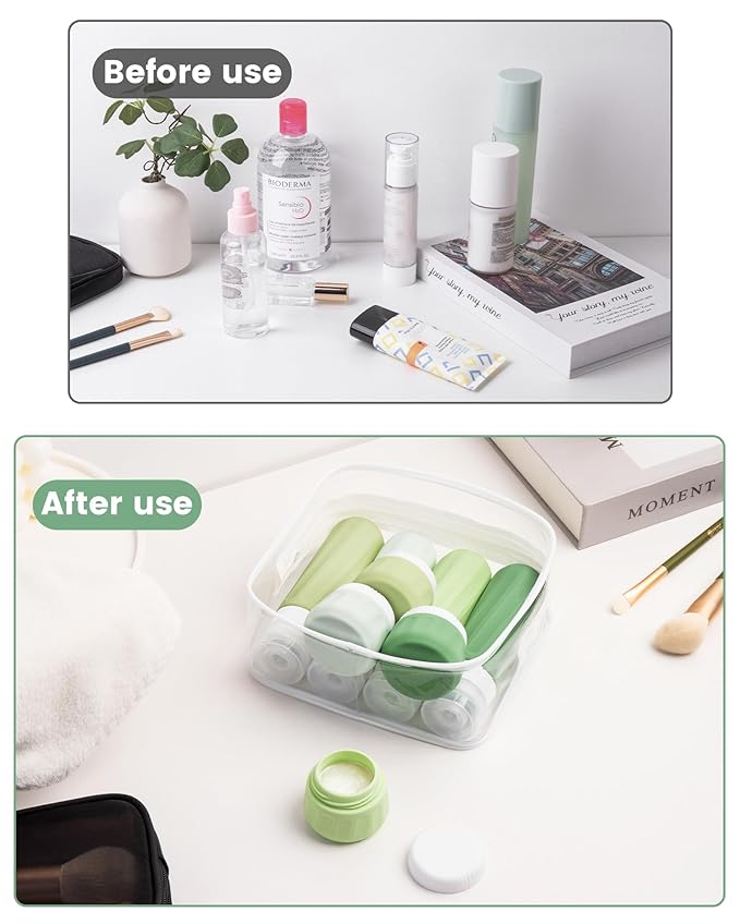 Travel Bottles for Toiletries, Travel Size Toiletries 10 Pack, Tsa Approved Travel Size Containers 3oz, with Travel Essentials Clear Bag, Leak Proof Silicone Squeezable Creams Jars