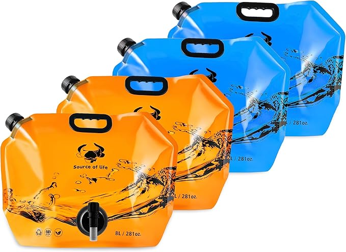 Collapsible 8L Water Storage Bag, BPA-Free Portable Folding Water Jug with Adjustable Faucet, Leakproof Emergency Water Bag for Camping, Hiking, Riding, Outdoor Sport (Blue & Orange 4)