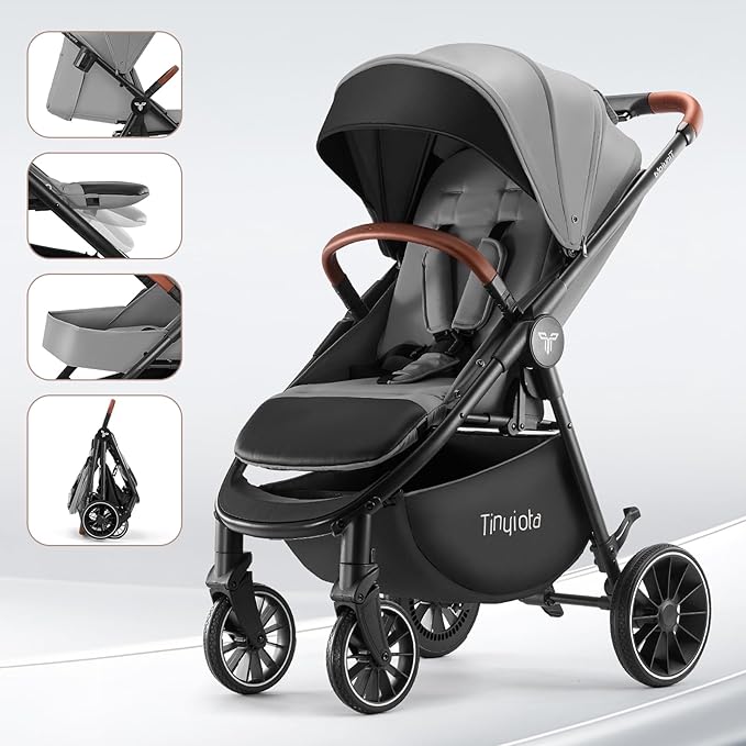 Tinyiota Baby Stroller, Infant Stroller with Large UPF 50+ Canopy,Luxury Pram Strollers with Leather Handle & Spacious Seat, One-Hand Foldable Pushchair, Toddler Carriage with Lie-Flat Mode(Gray)