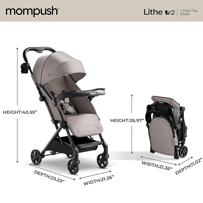 Mompush Lithe V2 Lightweight Travel Stroller, Compact Foldable Baby Stroller with Travel Bag, One-Hand Fold Stroller, Snack Tray, Mechanical Recline Seat, Airplane-Ready, UPF 50+ Canopy & Rain Cover
