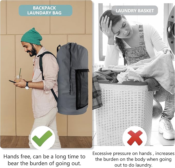 Laundry Bag Backpack, 2PCS Extra Large Travel Laundry Bag with Mesh Pocket & Adjustable Shoulder Straps,Dirty Clothes Travel Bag for College Students Dorm,Apartment(Grey)