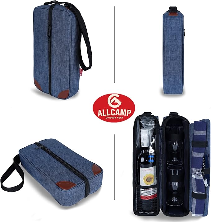 ALLCAMP Wine Tote Bag with Cooler Compartment,Picnic Set Carrying Two Sets of Tableware(Blue)