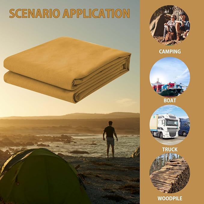 FoundGo 20x30ft Canvas Tarp 22 Mil Tarps 14 oz Canvas Tarpaulin Heavy Duty Cloth Water/UV Resistant Cover with Rustproof Grommets & Ropes for Cars,Roofs,Boats,Camps,Sunshades,Moisture Barrier -Tan