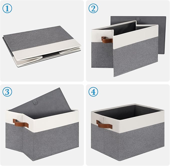 Large Fabric Storage Bins, Foldable Fabric Storage Baskets for Shelves, Sturdy Storage Boxes with PU Handles for Organizing Closet Home Bedroom Office (26L, 3 Packs, Grey&White)
