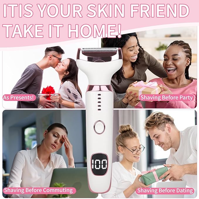Electric Razors LED Display for Women Men, 2025 Wet/Dry Lady Shaver,4 in 1 Cordless Hair Remover with IPX7 Waterproof,Smooth & Silky Portable Bikini Electric Grooming Set (Pink & White)