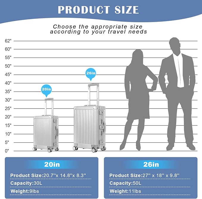 DOMINOX All Aluminum Carry On Luggage Hard Shell Luggage Aluminum Suitcase for Travel Zipperless Luggage Checked Luggage with Silent 360° Spinner Wheels 26 In. (Vertical Grain Style, Sliver)