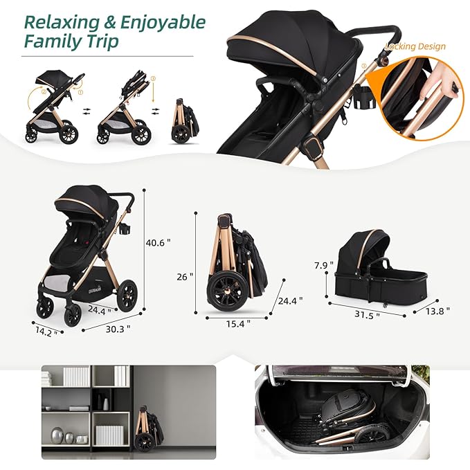 6-in-1 Convertible Baby Stroller with Bassinet Pushchair - Folding Infant Newborn Stroller w/Footmuff, Rain Cover, Cup Holder & Large Storage, Toddler w/All-Scene Large Wheels, Reversible Seat(Black)