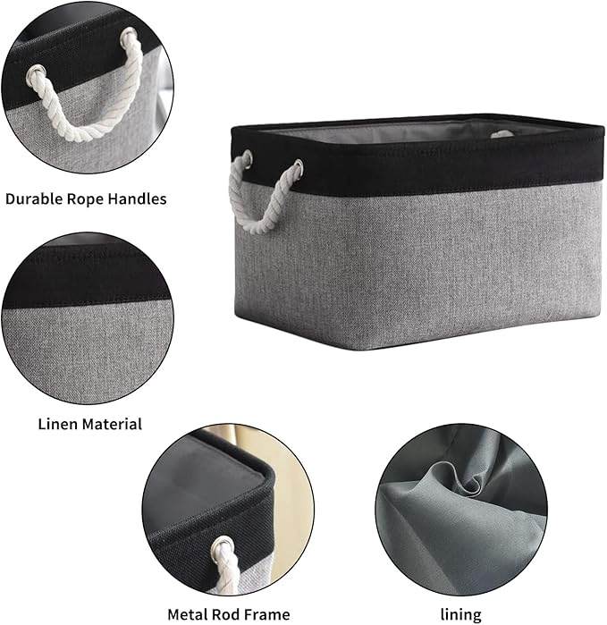 TheWarmHome Collapsible Storage Bin for Shelves - 16x12x8 inch Large 3 Pack Storage Basket for Organizing with Rope, Fabric Storage Cubes for Organizer Toy Cloth Gift Closet (Black & Grey)