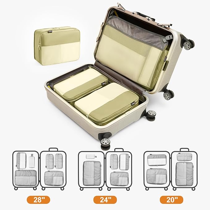 5 Set Compression Packing Cubes for Travel, Space Saving Luggage Organizer Bags (Bright Yellow)