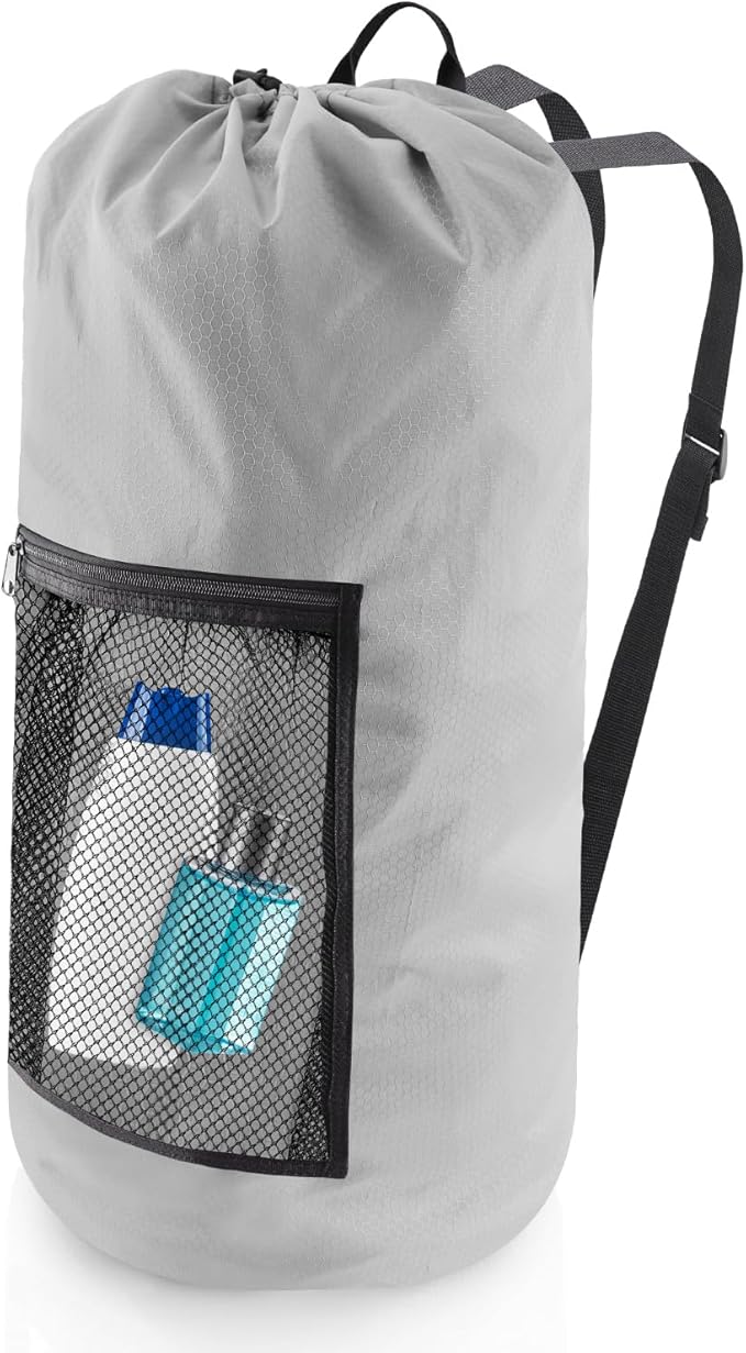 Laundry Bag Backpack, Extra Large Travel Laundry Bag with Mesh Pocket & Adjustable Shoulder Straps,Dirty Clothes Travel Bag for College Students Dorm,Apartment(Light Gray)
