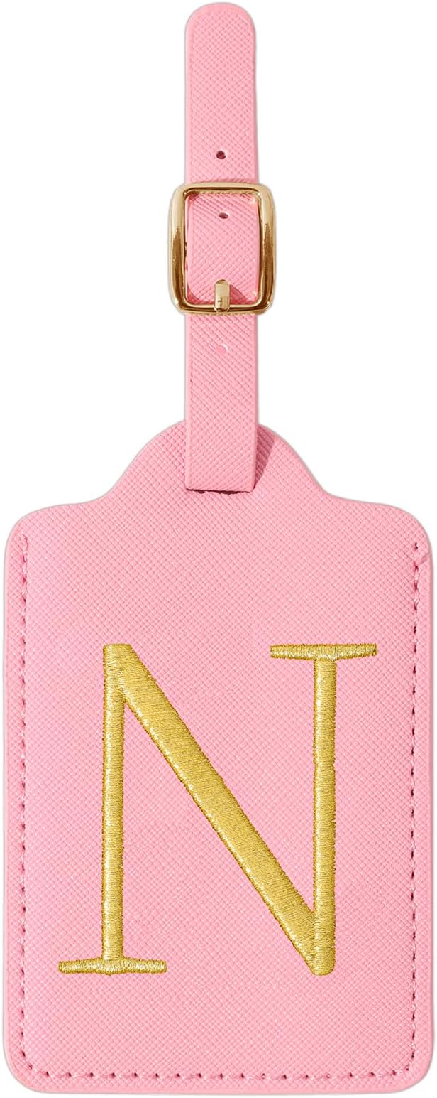 Personalized Initial Luggage Tags for Suitcase, Pink Leather Cute Luggage Tags with Privacy Cover Name Card, Embroidered Custom Monogrammed Luggage Tag Travel Bag Baggage Tags Gifts for Women Kids(N)