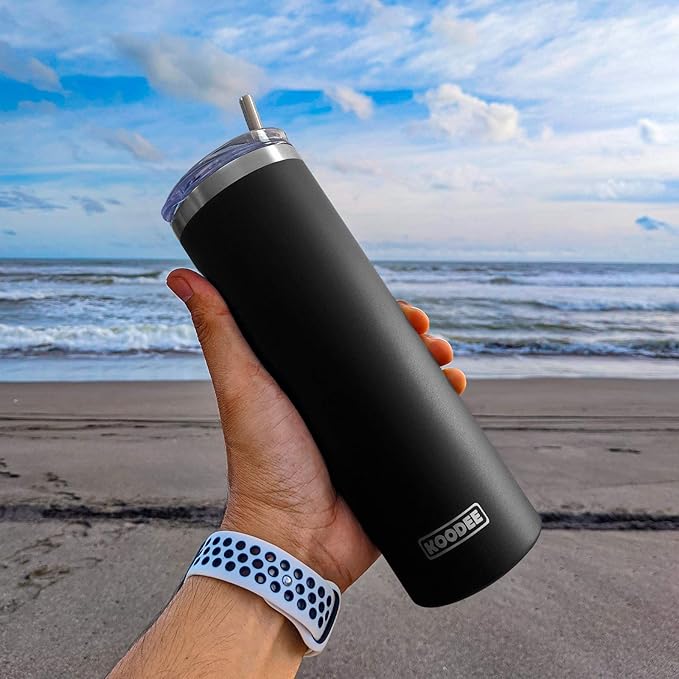 koodee 20 oz Stainless Steel Skinny Tumbler Double Wall Insulated Slim Water Tumbler Cup with Lids, Straws and Straw Brushes (Black)