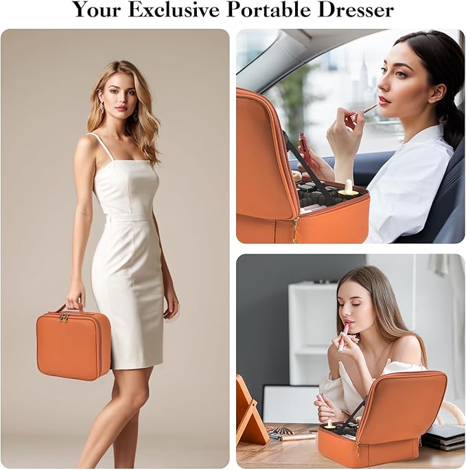 Travel Makeup Bag With LED Mirror,Makeup Travel Train Case with 3 Color Setting,Cosmetic Makeup Organizer Bag with Adjustable Dividers,Portable Make up Bag with Makeup Brush Holder Storage(Caramel)