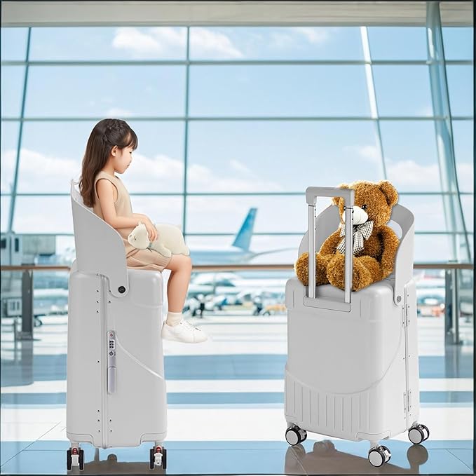 TABU 20" Ride-on Luggage with Seat For Kids & Adults,Carry On Hardshell Ride On Suitcase with 360° Lockable Spinner and TSA Lock, White