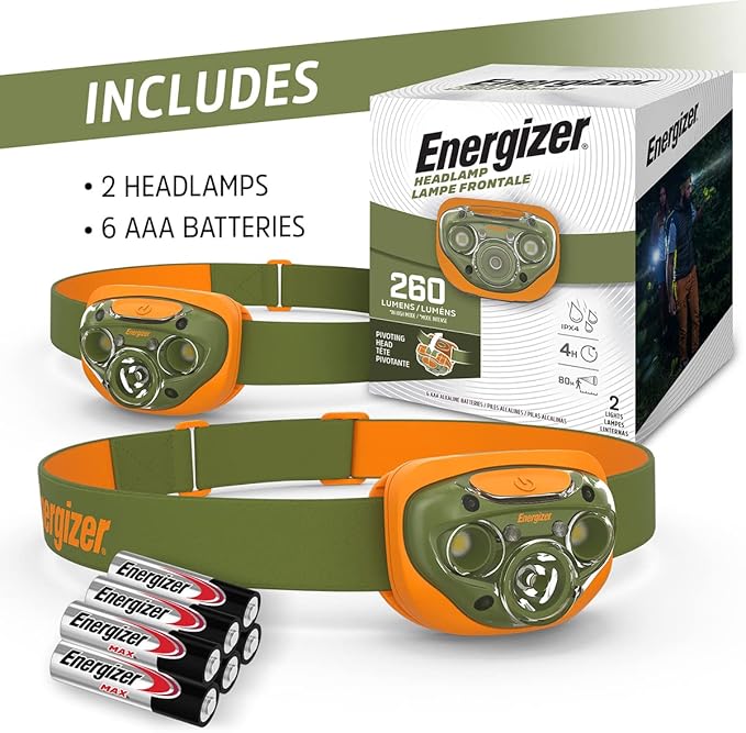 Energizer LED Headlamp PRO (2-Pack), IPX4 Water Resistant Headlamps, High-Performance Head Light for Outdoors, Camping, Running, Storm, Survival LED Light for Emergencies (Batteries Included)
