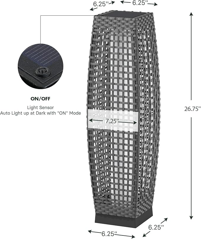Grand patio Outdoor Floor Lamp Solar Powered Lantern Water-Resistant Wicker Deck Light for Garden or Porch - Medium Fuji, Silver Gray