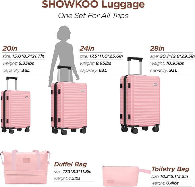 SHOWKOO Luggage Sets 3 Piece Hardside Expandable Suitcase with Double Spinner Wheels Tsa Lock, (Pink, 5 piece set)