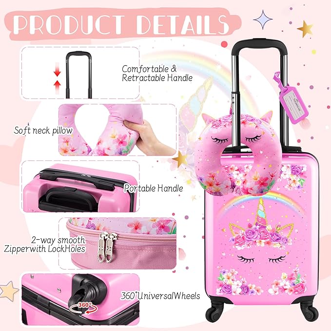 Sanwuta 4 Pcs Kids Luggage Set Kids Backpack Travel Rolling Suitcase with Wheels U-shape Pillow Childrens Gift for Girls Boys(17 Inch,Unicorn Rainbow Style,Pink)