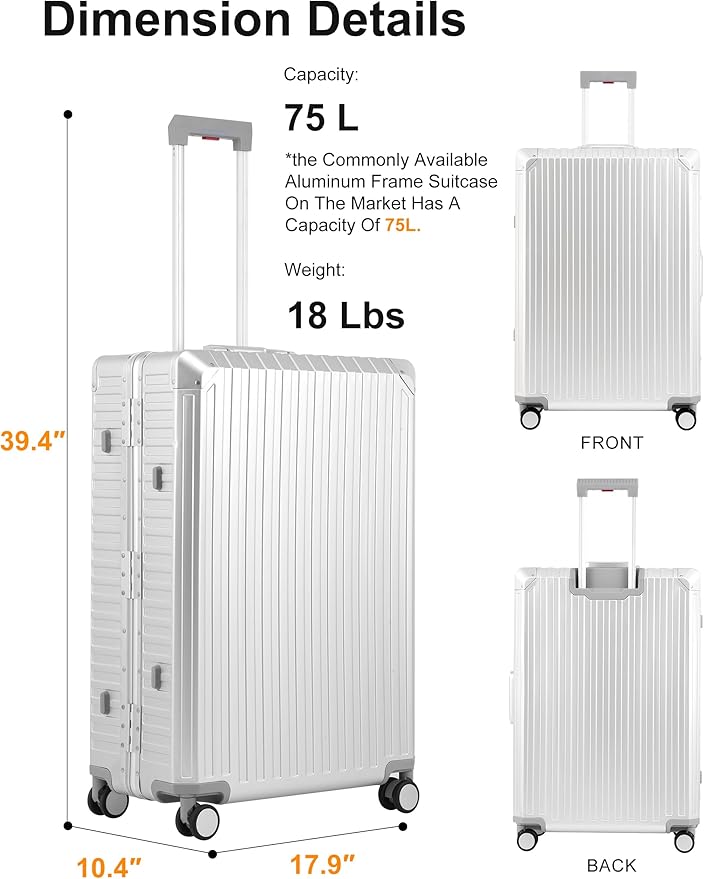 Mvst Luggage Premium All Aluminum Magnesium Carry On 20'' Lightweight Metal,Suitcase with Spinner Wheels Built-in Toiletry Set, Luggage Protector(silvery) (Silver, 29inch)