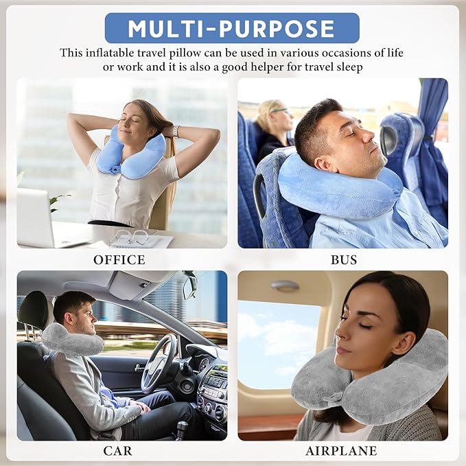 Sintuff 2 Pack Inflatable Travel Pillow for Airplanes Inflatable Neck Flight Pillows with Compact Bag and Blindfold for Traveling, Airplane, Train, Car, Office(Light Gray and Sky Blue)
