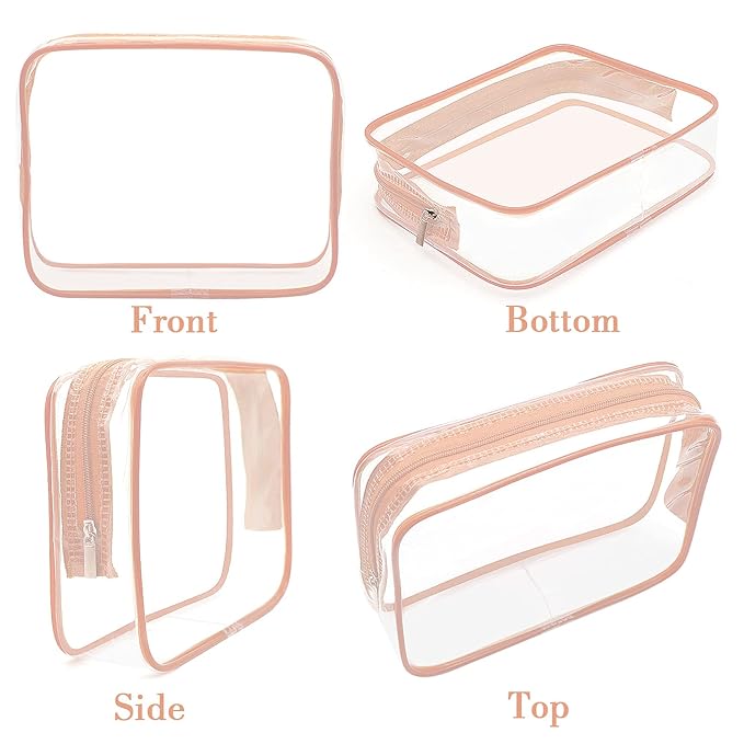 APREUTY Clear Makeup Bags, TSA Approved 6 Pcs Cosmetic Makeup Bags Set Clear PVC with Zipper Handle Portable Travel Luggage Pouch Airport Airline Vacation Organization (Pink)