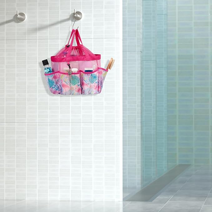 F-color Mesh Shower Caddy Portable with Drawstring - Upgrade Deeper 7 Pockets Dorm Room Essentials for Guys Girls with S Hook, Shower Bag Basket Tote for College Camping Bathroom, Pink Flamingo