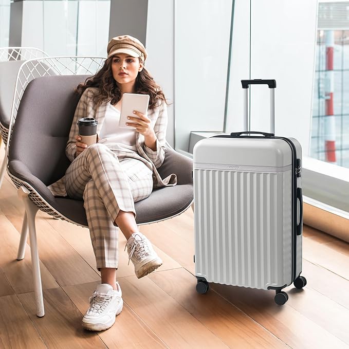 Merax Luggage Sets, Durable Hardshell 3 Piece Suitcase with Double Spinner Wheels and Handle Bags,Lightweight Carry on Luggage with TSA Lock,20+24+28 inches,White Grey