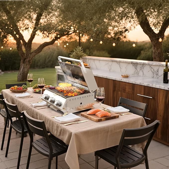 R.W.FLAME Premium 3 Burner Tabletop Propane Gas Grill Stainless Steel Portable Outdoor BBQ Grill with Griddle,24,000 BTU Multi-Zone Cooking,Built-in Thermometer,Backyard,Camping & Patio Gatherings