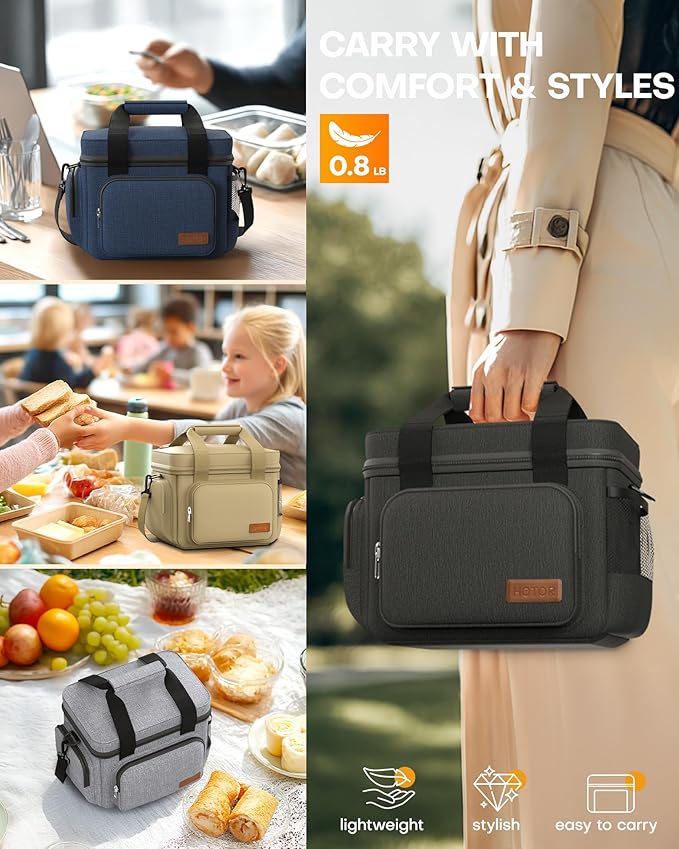 HOTOR Lunch Box for Men and Women - Leak-Proof Insulated Lunch Cooler Bag with Adjustable Strap, Multiple Pockets for Office, Picnic, Hiking, Beach, 1 Layer, 8L, Black, 9.8" x 8.7" x 5.9"